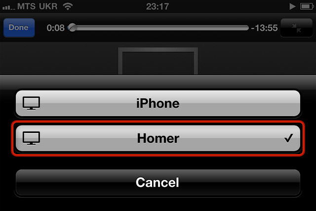 Выбор в iOS-приложении Мака как AirPlay-устройства.