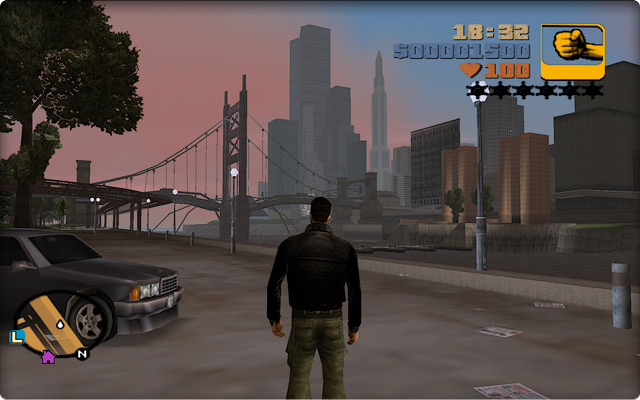 Grand Theft Auto III. Вечерний вид на бизнес-центр Стонтон-Айлэнда и разрушенный Калаганский мост. Вид с портлендской набережной.
