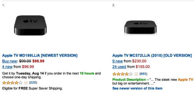 Amazon price Apple TV 3 and 2